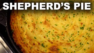 Shepherds Pie in a cast iron pan  lamb and peas filling cheesy potato topping [upl. by Kotick820]