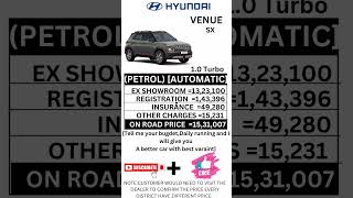 HYUNDAI VENUE SX PETROL AUTOMATIC ON ROAD PRICE [upl. by Lynn]