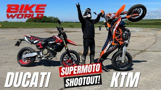 Supermoto Shootout  Ducati 698 Mono Vs KTM 690 SMC R [upl. by Ahsauqram]