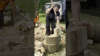 chopping wood with an ax to make a campfire handmade woodcrafts [upl. by Sibby]