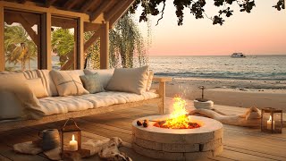 Tropical Beach Porch in Summer Ambience with Relaxing Sea Waves Crickets amp Fireplace Sounds [upl. by Simonetta34]