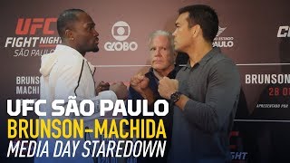 Derek Brunson vs Lyoto Machida UFC Media Day Staredown  MMA Fighting [upl. by Eralcyram]