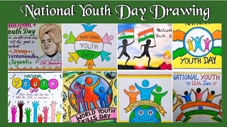 National youth Day Poster youth day drawing  world youth day Vivekananda JayanthiJanuary 12 [upl. by Ruffin710]