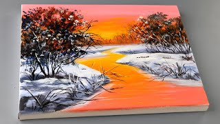 Sunset Landscape Painting  Winter Scene  Acrylic Painting for Beginners [upl. by Martguerita471]