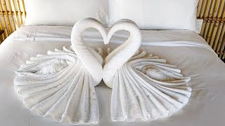 how to make romantic bed decoration for towel art towel folding swanrb loveviralvideo [upl. by Antoinette]