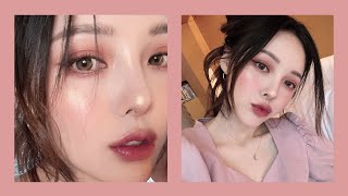 Pink Brown Makeup GRWM💕 with sub 분위기 있는 핑크 브라운 메이크업 오랜만에 호텔 겟레디윗미 [upl. by Reld]