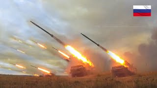 MASSIVE FIRE ‼️ Russian BM27 UraganBM21 Grad and Tornado MLRS Firing Destroyed Target [upl. by Erastes]