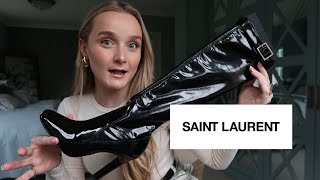 YSL SAINT LAURENT ELLE KNEE HIGH BOOTS IN VINYL BLACK  UNBOXING REVIEW amp TRYON [upl. by Doreen]