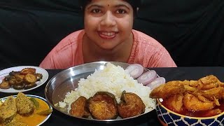 Eating Rice With Chicken Er Lal Jhol Ilish sorser Jhal Begun Vaja Kakrol Vaja Korola Vaja [upl. by Jacklin65]