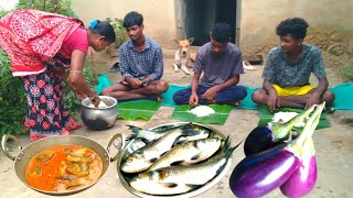 SMALL FISH curry with BRINJAL cooking in traditional method by tribe family l Village life [upl. by Eivol]