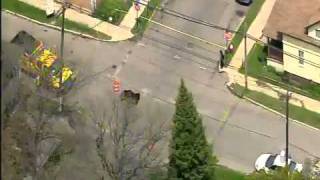 Chopper video Crews work on large Detroit sinkhole [upl. by Netsruk]