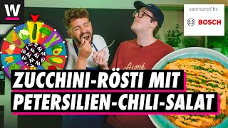 Zucchinitätschli mit PetersilienChili Salat Rezept  Gemüseroulette mit Nico und Noah Bachofen [upl. by Allekim]