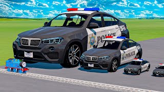 Big amp Small Police Cars Bmw  Police Truck Rescue Cars vs Thomas Trains  BeamNGdrive [upl. by Follansbee342]