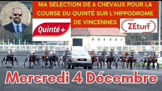 Ma sélection de 6 chevaux pour la course du Quinté du Mercredi 6 Décembre hippodrome de Vincennes [upl. by Ardnaed]