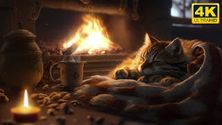 Relax with Purring Cat and Crackling Fireplace 4K 🔥 Sleep in Cozy Winter Ambience [upl. by Minton]