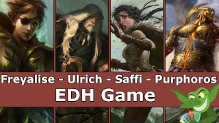 Freyalise vs Ulrich vs Saffi vs Purphoros EDH  CMDR game play for Magic The Gathering [upl. by Gorton]