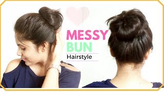 1 Minute EASY Everyday Messy Bun Hairstyle  Simple Bun Hair Tutorial for Medium hair [upl. by Ennovyahs680]