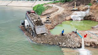 Perfect show Of Dumping Rock To The Deep Water by Dump Trucks 235T and KAMATSU Dozer D31E [upl. by Einnad]