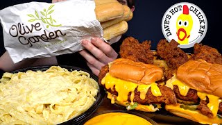 ASMR MUKBANG DAVES HOT CHICKEN BURGERS amp FRIES amp CREAMY ALFREDO PASTA  BREADSTICKS  WITH CHEESE [upl. by Maybelle]