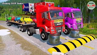 Double Flatbed Trailer Truck vs speed bumpsBusses vs speed bumpsBeamng Drive459 [upl. by Varipapa]