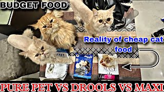 Pure pet vs drools vs maxi cat food review and comparison  reality of budget cat food [upl. by Rosel356]