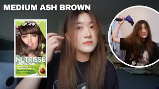 Garnier Medium Ash Brown Hair Dye  Review  Sister dyes my hair [upl. by Ayel]