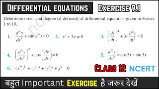 differential equation ex 91  order and degree of differential equation  class 12  chapter 9 [upl. by Assylem58]