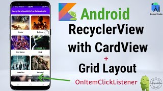 Android RecyclerView With CardView and OnItemClickListener Example  Kotlin  GridLayout  Android [upl. by Dannye]