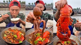 Chinese Fisherman Seafood Mukbang Cooking amp Eating Fresh Caught Big amp Small Octopus [upl. by Robbin210]