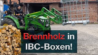 IBC Boxen  Brennholz lagern  trocknen kurze Wege zum Holzvergaser abladen mit John Deere [upl. by Saimerej]