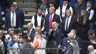 Former President Donald Trump Flies Into Tulsa For NCAA Wrestling Tournament [upl. by Ahseiat]