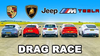 Lambo Urus v Porsche Turbo GT v BMW X6M v Tesla Model X v Jeep Trackhawk DRAG RACE [upl. by Trimmer343]