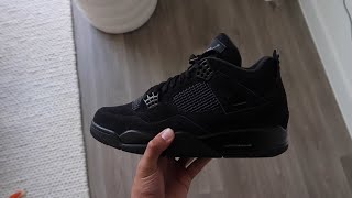 UNBOXING AFFORDABLE JORDAN 4 quotBLACK CATquot  ON FEET [upl. by Aroled]