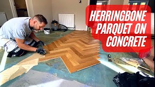 Herringbone Parquet flooring installation Gluing down on Concrete Full Tutorial Start to Finish [upl. by Ayyn]