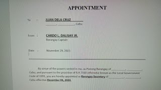 Appointment of Barangay Secretary  Sample  Example [upl. by Otti704]