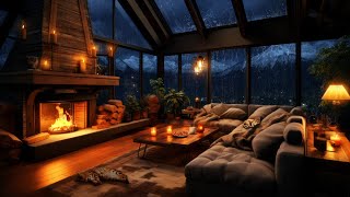 Thunderstorm amp Rain with Lightning behind the Mountains Crackling Fireplace amp Sleeping Cats [upl. by Bernhard]