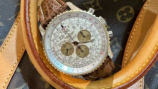 阿Lam講表Breitling Navitimer Cosmonaute D12022 銀白面 金色計時圈 銀時標 條字 42MM k金九牙圈 cal 12手上鏈機芯 原裝皮帶原裝摺扣 有証 [upl. by Paymar]