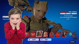 My 10 Year Old Kid Reaction To Me Gifting Him NEW Marvel Fortnite Skin Bundle Unlocking Guardians [upl. by Lamiv]