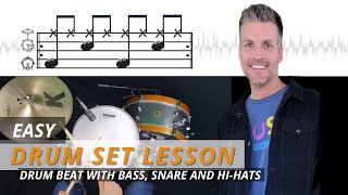 Easy Drum Set Lesson for Kids  Beginner Drum Beat with Bass Snare and HiHats [upl. by Patrica]