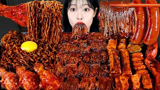 ASMR MUKBANG 직접 만든 불닭 짜장 버섯 양념치킨 소세지 먹방 amp 레시피 SPICY MUSHROOMS AND FIRE NOODLES EATING [upl. by Shaw164]