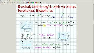 Burchak turlari Togri otkir va otmas burchaklar Bissektrisa Geometriya 7sinf 7dars [upl. by Guilbert]