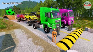 Double Flatbed Trailer Truck vs speed bumpsBusses vs speed bumpsBeamng Drive275 [upl. by Eniladam]