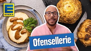 Ofensellerie Rezept mit veganer Soße  Sellerie im Backofen zubereiten [upl. by Arand]