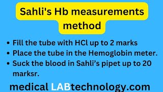 sahlis hemoglobim measurements method principle procedure  Hb estimation by Sahlis Method [upl. by Uird]