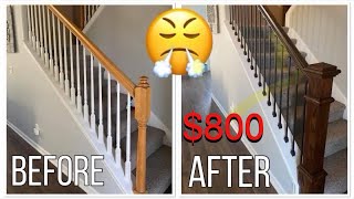 DIY Staircase Railing Remodel  Full Video [upl. by Nalyac]