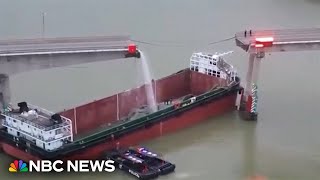 Video shows partial bridge collapse after ship collision in China [upl. by Haimerej20]