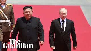 Kim Jongun welcomes Vladimir Putin at official ceremony in Pyongyang [upl. by Nilcaj]