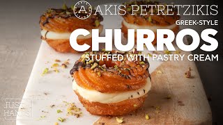 GreekStyle Churros Stuffed with Pastry Cream  Akis Petretzikis [upl. by Allemac]