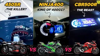 CFMoto 450SR 🆚️ Kawasaki Ninja 400 🆚️ Honda CBR500R  Modified Top Speed Attempt 🔥 [upl. by Ahtennek]