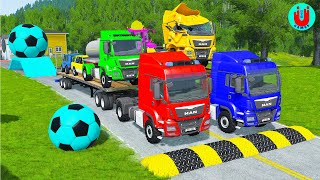 Double Flatbed Trailer Truck vs Speedbumps Train vs Cars  Tractor vs Train BeamngDrive 130 [upl. by Barbi76]